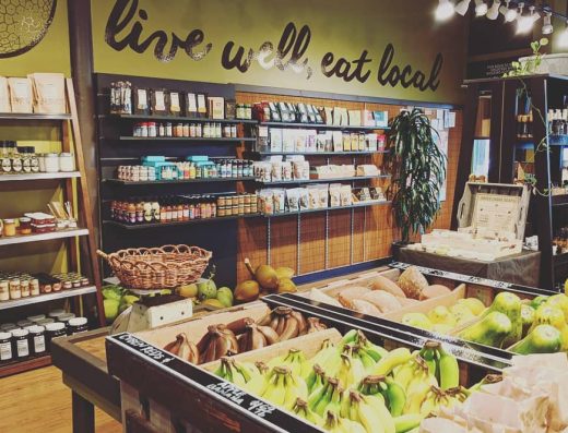 Shelves of Hawaiʻi-grown produce, local foods, and artisan products at The Locavore Store in Hilo, Hawaiʻi.