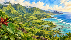 Watercolor illustration of an interconnected Hawaiian landscape extending from mountain watershed to agricultural lands and the ocean.