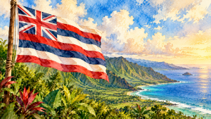 Watercolor illustration of Ka Hae Hawaiʻi, the Hawaiian flag, flying above a coastal Hawaiian landscape.