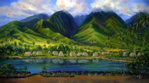 Painting of Mokuʻula and Mokuhinia Pond in historic Lahaina, with fishponds, waterways, and lush green mountains, showing Lahaina as the “Venice of the Pacific.”