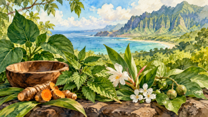 Watercolor illustration representing lāʻau lapaʻau, ʻāina, plants, and the living Hawaiian healing tradition.
