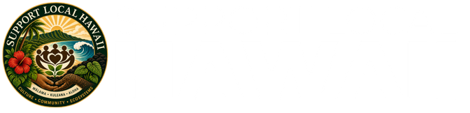Support Local Hawaii logo featuring Hawaiian landscapes, community stewardship imagery, and the values of culture, community, and ecosystems.