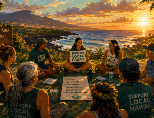 Community members gather along a Hawaiian coastline at sunset for a Support Local Hawaii stewardship meeting celebrating culture, community, and mālama ʻāina.