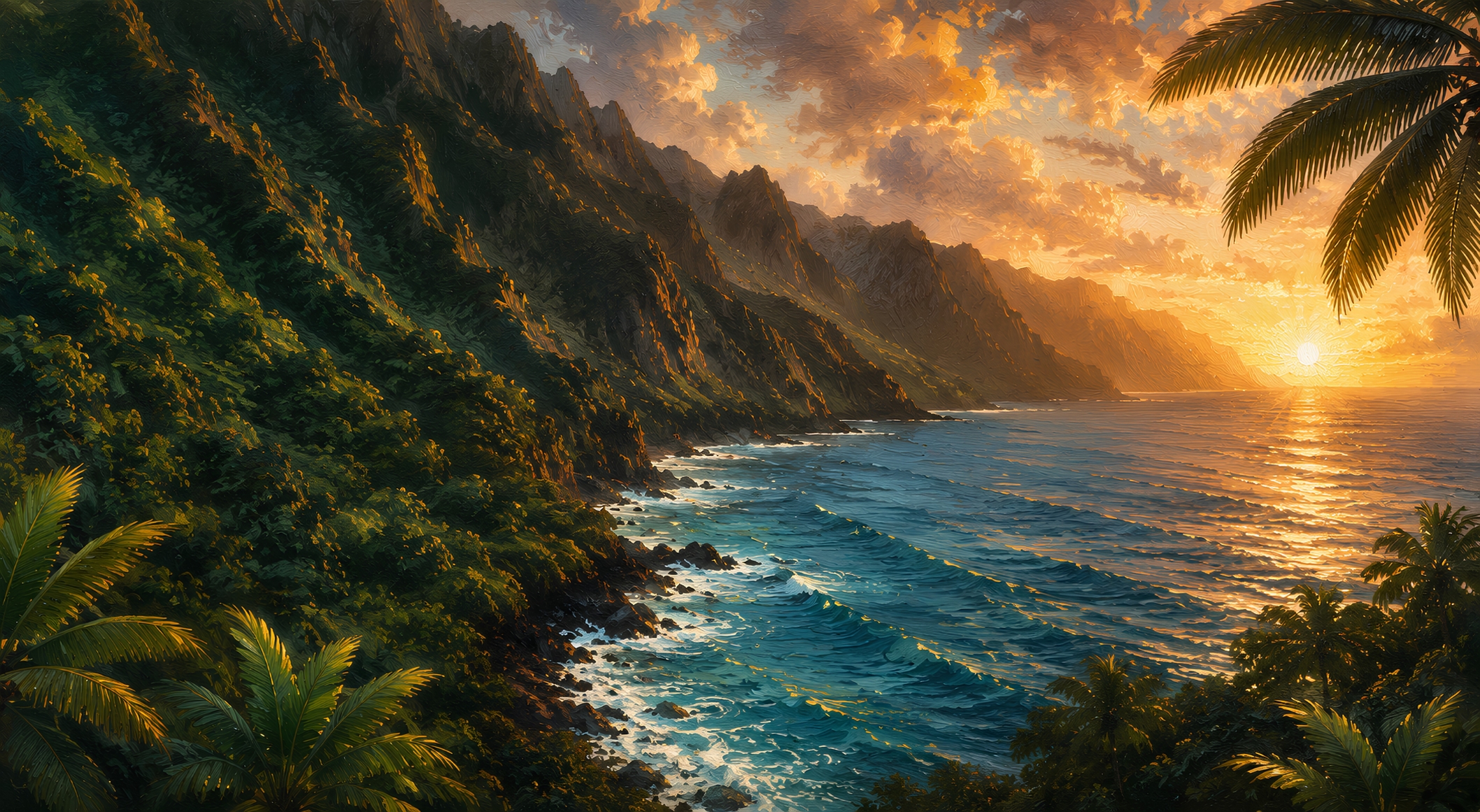 Sunrise over Hawaii's lush coastline celebrating culture, community, and thriving island ecosystems through stewardship.