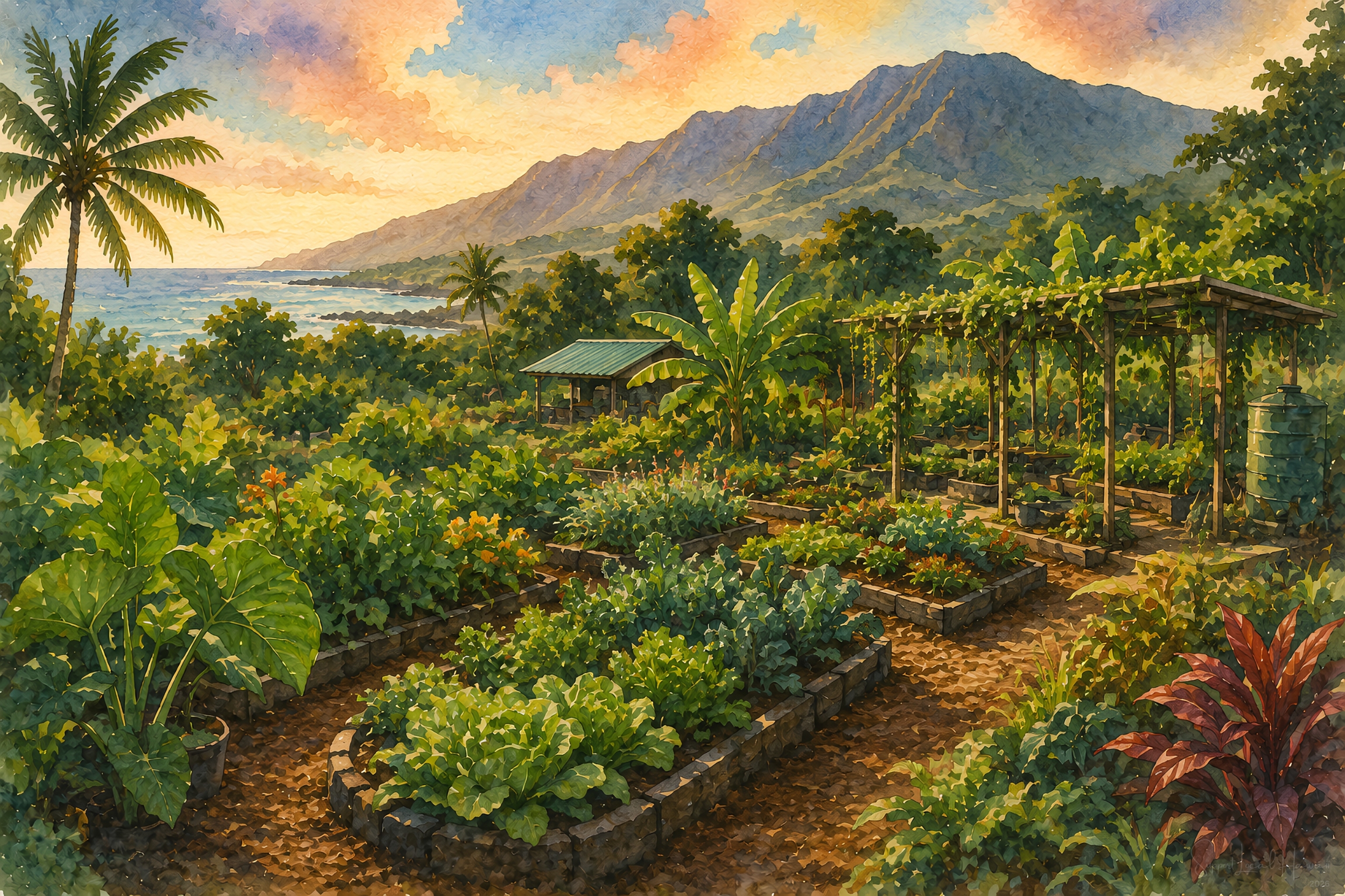 A lush Hawaiian community garden overlooking the ocean