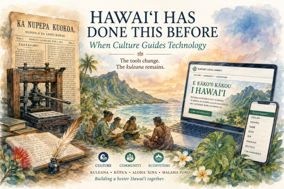 Watercolor illustration connecting Hawaiian-language newspapers and printing with modern digital technology in Hawaiʻi.