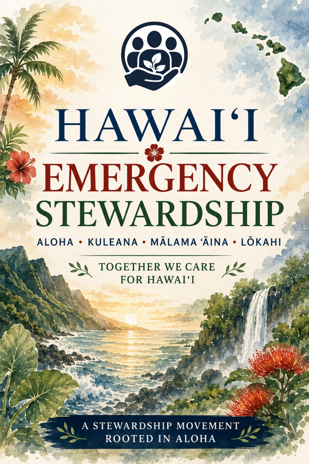 Hawaii Emergency Stewardship mobile artwork representing community care, mālama ʻāina, and people coming together to support Hawaiʻi.