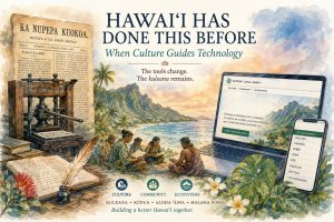 Watercolor illustration connecting Hawaiian-language newspapers and printing with modern digital technology in Hawaiʻi.