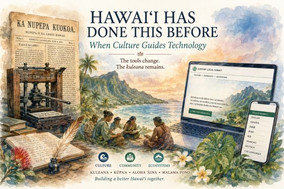 Watercolor illustration connecting Hawaiian-language newspapers and printing with modern digital technology in Hawaiʻi.