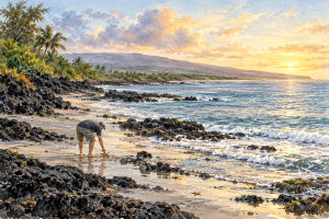 Watercolor of a person returning a starfish to the ocean along a Hawaiʻi shoreline