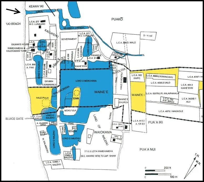 Map of historic Lāhainā showing Mokuʻula, Loko o Mokuhinia, surrounding ponds, waterways, the canal and nearby historical sites.