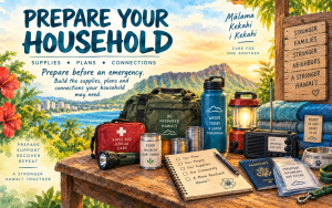 Watercolor illustration of Hawaiʻi household emergency supplies including water, food, first aid, radio, flashlight, Go Bag and emergency plan.