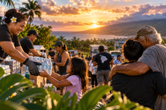 Community volunteers distributing water and emergency supplies to Hawaiʻi Island families following Lala.