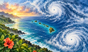 Watercolor illustration of the Hawaiian Islands with hurricanes approaching across the Pacific