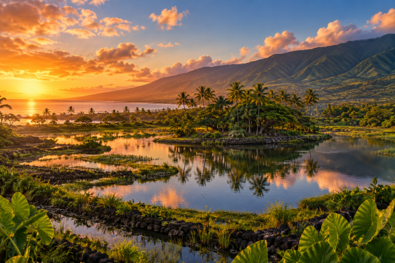 Interpretive view of a water-rich Lāhainā landscape on Maui, reflecting the history of Lele, Mokuʻula and Loko o Mokuhinia.