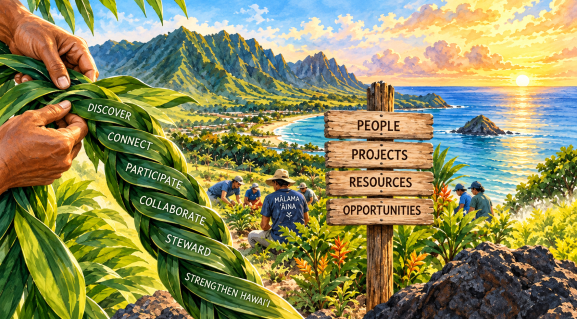 Watercolor illustration of Support Local Hawaii's Stewardship Operating System connecting people, organizations, events, projects, resources, stories, and stewardship across Hawaiʻi.