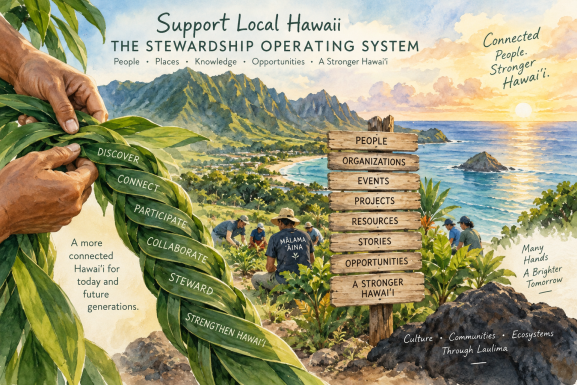 Watercolor illustration of Support Local Hawaii's Stewardship Operating System connecting people, organizations, events, projects, resources, stories, and stewardship across Hawaiʻi.
